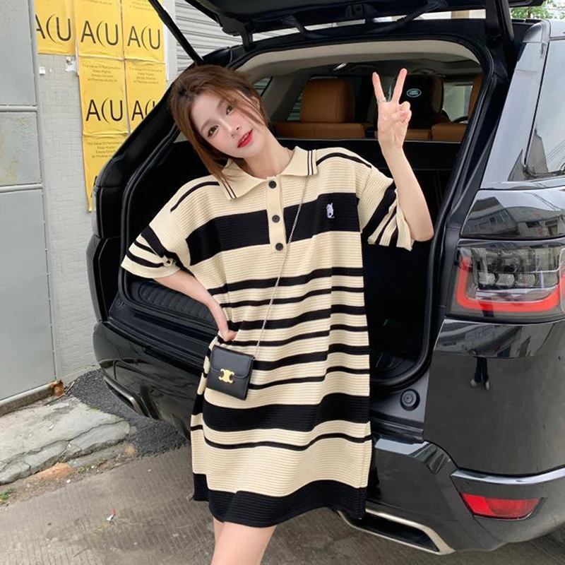

Girl Dress Korean College Style Summer Vintage Loose Striped Knit Short-sleeved Casual Dresses