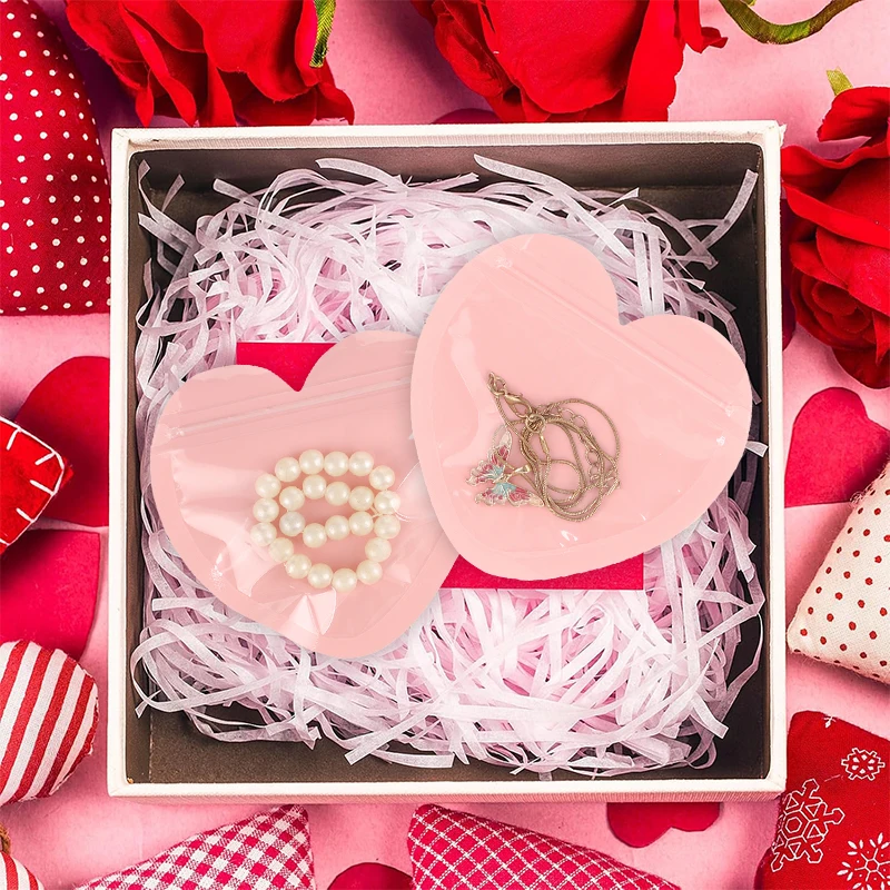 50/10 Stück rosa herzförmige Zip-Lock-Beutel Schmuckbeutel Kunststoff versiegelte Beutel Hochzeit Party Geburtstag Weihnachten Geschenk Verpackungsbeutel – Detail 2