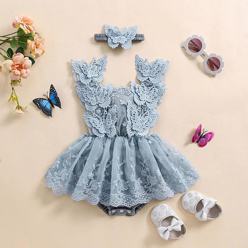 Infant Baby Girls Princess Rompers Dress Lace Butterfly Fly Sleeve Mesh Skirt Hem Jumpsuits with Headband Birthday Party Outfit 6