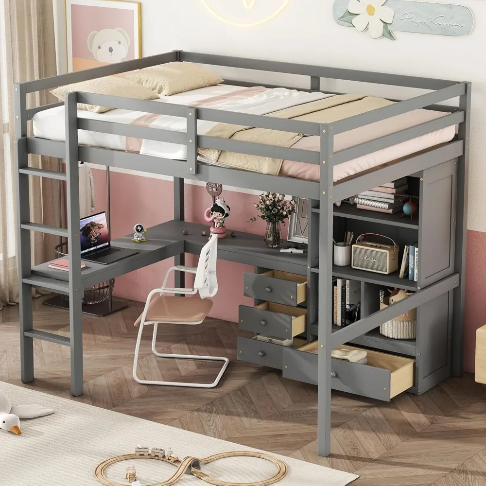 Twin Loft Bed. Full Loft Bed with Desk and Storage, Solid Wood Loft Bed with 4 Storage Drawers & 3 Shelves, High  Bed Full 4