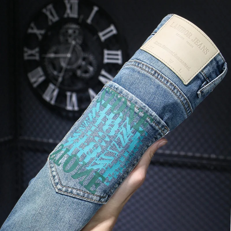 New Style Men'S Jeans For Spring And Summer Are Soft Breathable Retro Trendy Fashionable Printed Elastic Slim Fit Straight