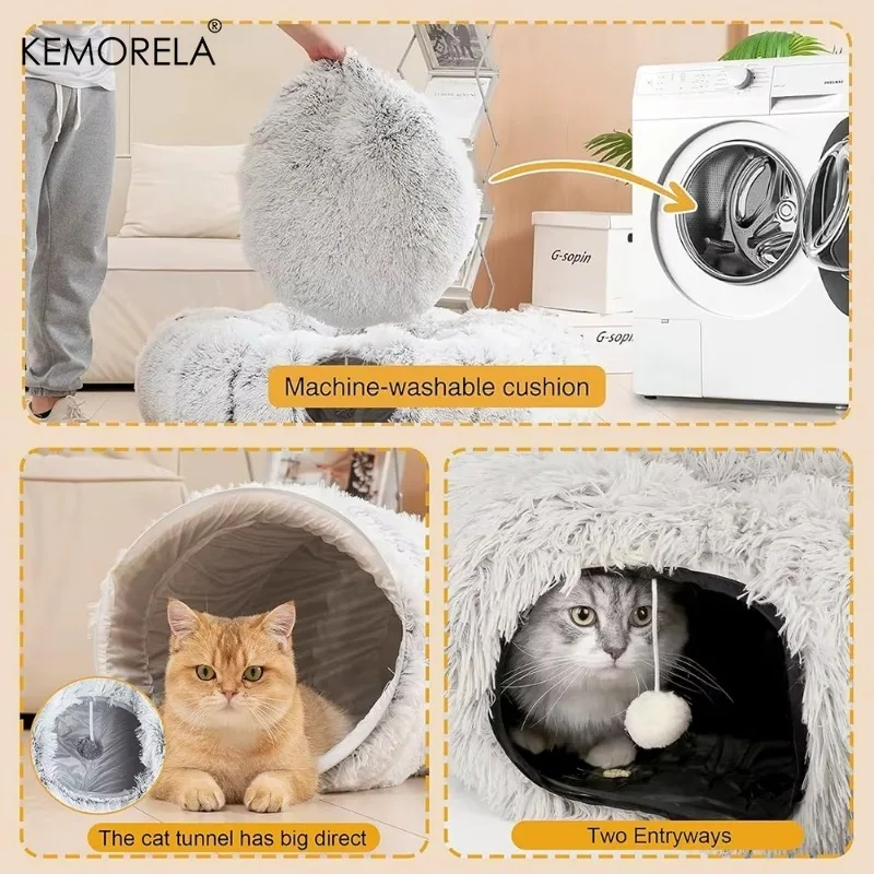 Comfortable Soft Cat Tunnel Bed Warm Foldable Detachable Cushion_voghion.com