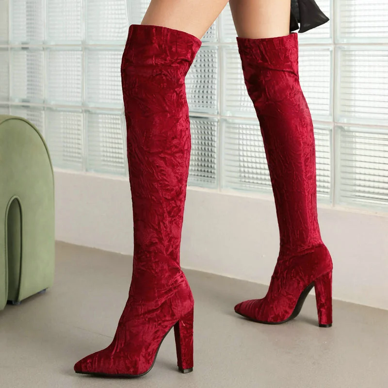 

2023 Women Over the Knee Boots Faux Suede Square High Heel Ladies Long Boots Fashion Pointed Toe Party Dress Women's Boots
