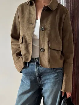 سترة خريف HH للنساء معطف كلاسيكي من جلد الغزال الصلب بأكمام طويلة وياقة مقلوبة سترات قصيرة موضة ملابس خارجية عالية الشارع 3