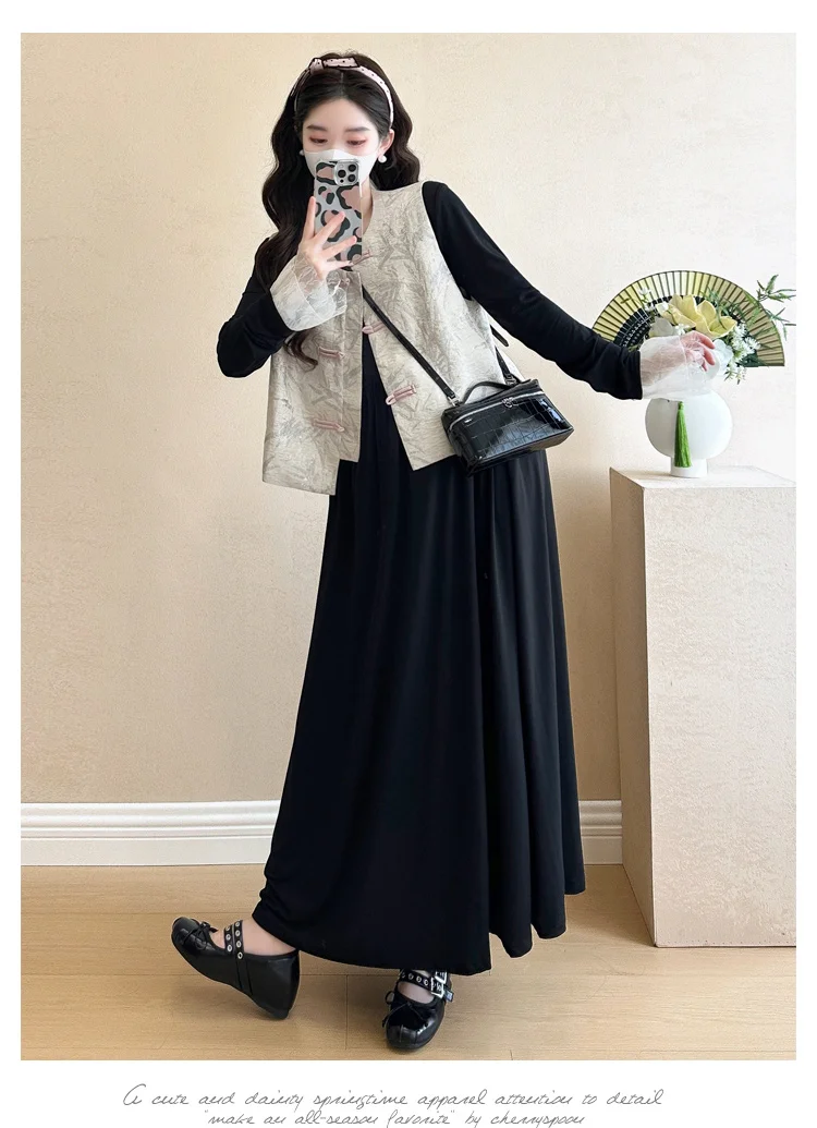 Chinese Style Maternity Fashion Clothes Set Large Size Lace Dress Vest Jacket Two-piece Set High Lady Long Loose Knit Dress Suit
