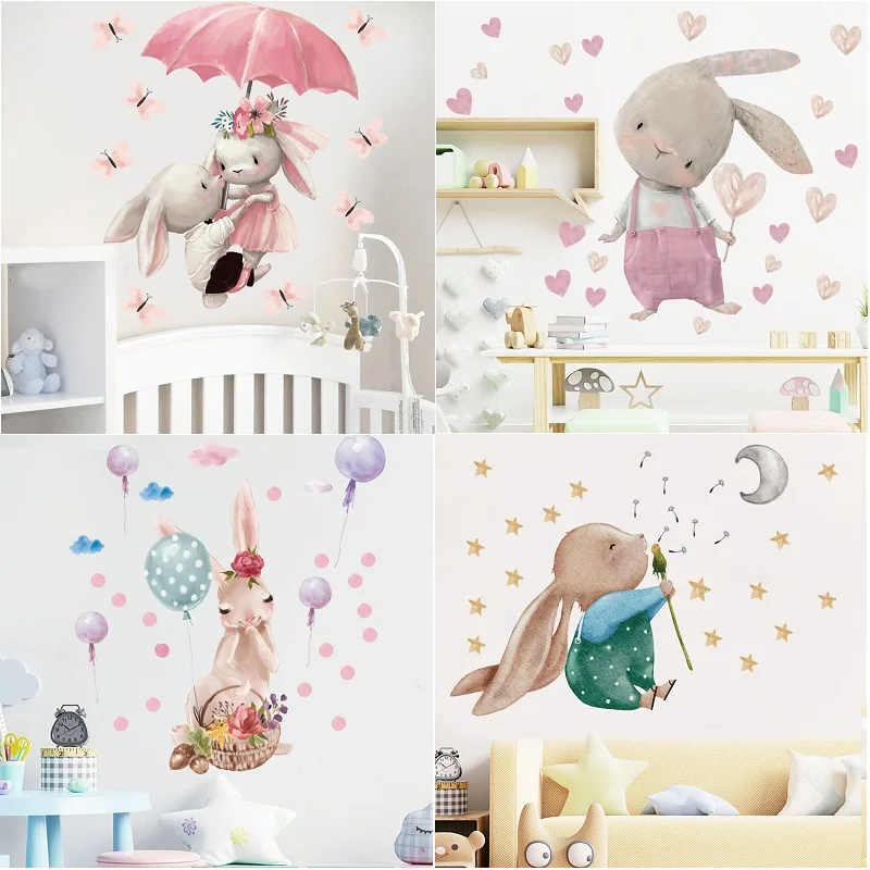 Cute Pink Rabbit Love Balloon Wall Stickers Broken Wall Poster Wall Art Car Decal Kids Room Decoration Favors Murales