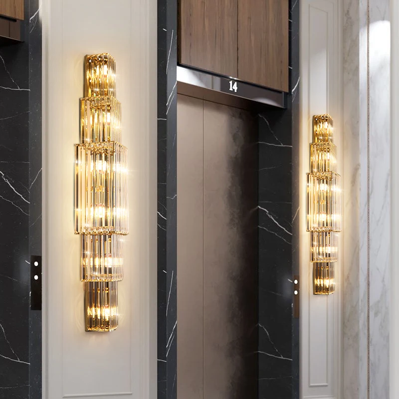 

Хрустальная настенная лампа для виллы, гостиной, высококлассный атмосферный фон, настенный светильник, роскошный большой настенный светильник для отеля, банкета, зала