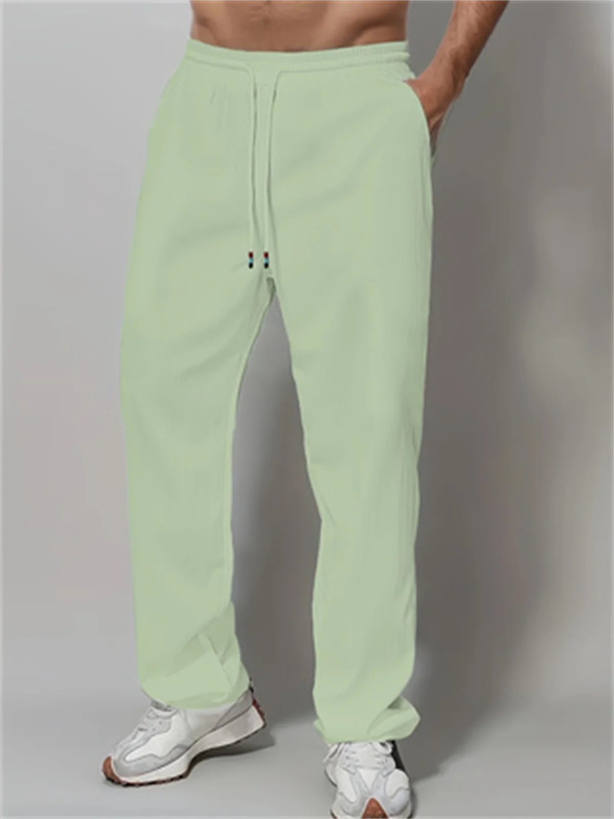 New Trend Simple Solid Color Men's Cotton Casual Drawstring Straight Leg Pants，A Gift For Men 4
