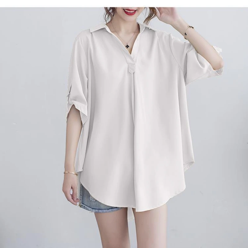 

Summer Solid Irregular Oversized Casual Tunic Women Half Sleeve Chic All-Match Pullovers Female Blouse Korean Fashion Simple Top
