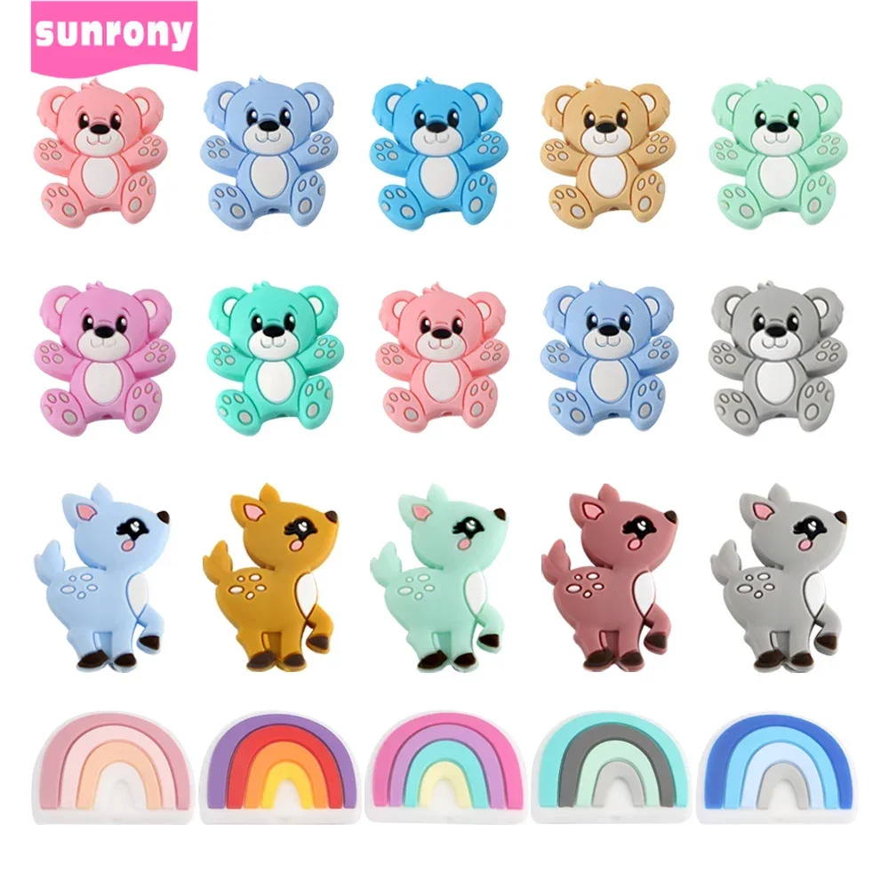 Sunrony 10pcs Cute Animals Deer Silicone Beads Rainbow Beads For Jewelry Making DIY Pacifier Clip Necklace Accessories