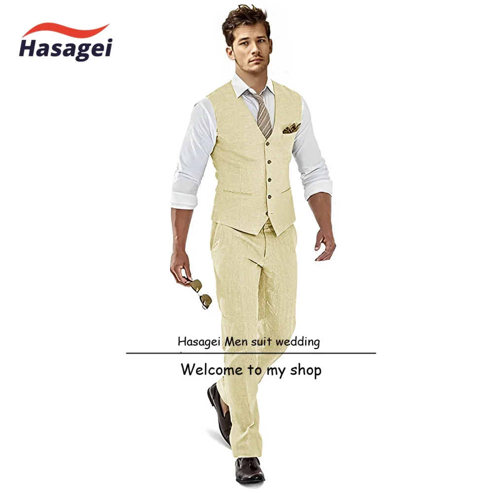 Suit for Men Linen Vest Pants Set of 2 Summer Breathable Groom Tuxedo Wedding Formal Slim Fit Set Clothes