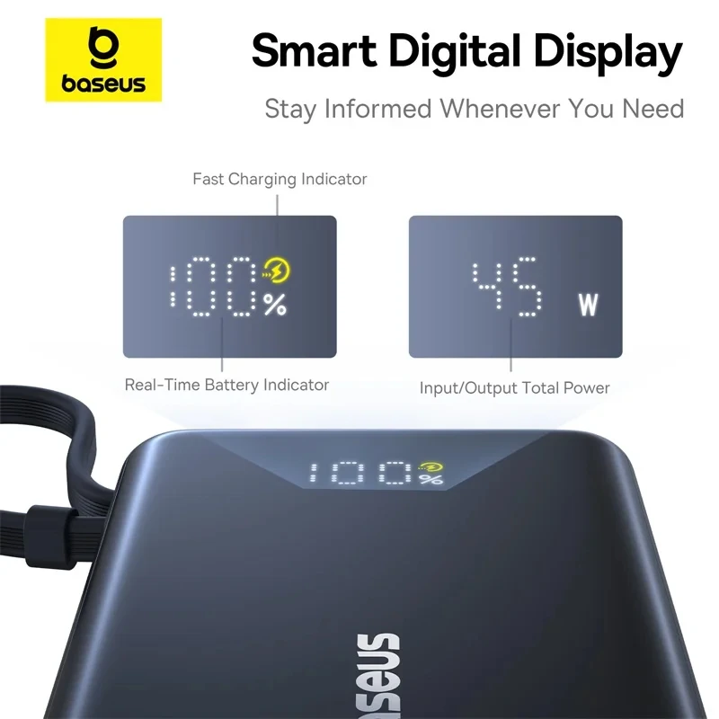 Baseus 45W Power Bank 10000mAh Super Mini Portable Battery Smart Digital Display for iPhone 15 16 Pro Max Xiaomi Samsung Huawei 5