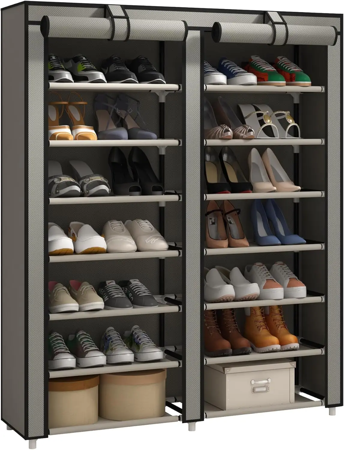 7-Tier Double Row Shoe Rack with Large Capacity, Holds 28 Pairs, Dustproof Cover, Easy Assembly for Home Storage