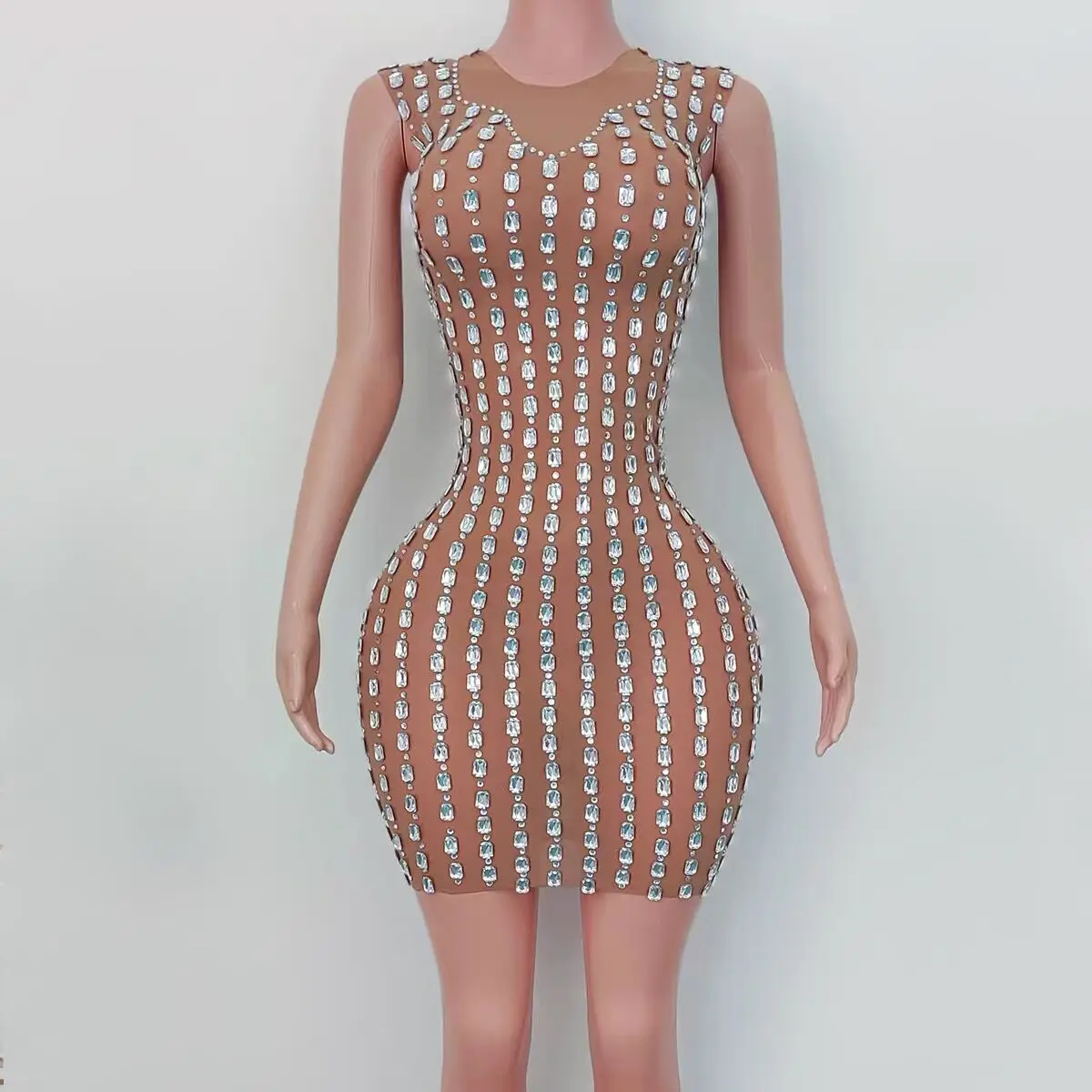 

Sparkly Rhinestones Women Sleeveless Sexy Sheath Dress Evening Party Performance Costume Bar Nightclub Singer Dancer Stage Wear