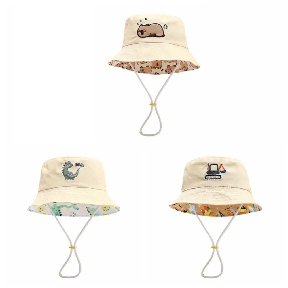 Cartoon Dinosaur Children Fisherman Hat Embroidery Sunscreen Bucket Hat Windproof Wide Brim Baby Capybara Sun Cap Toddler