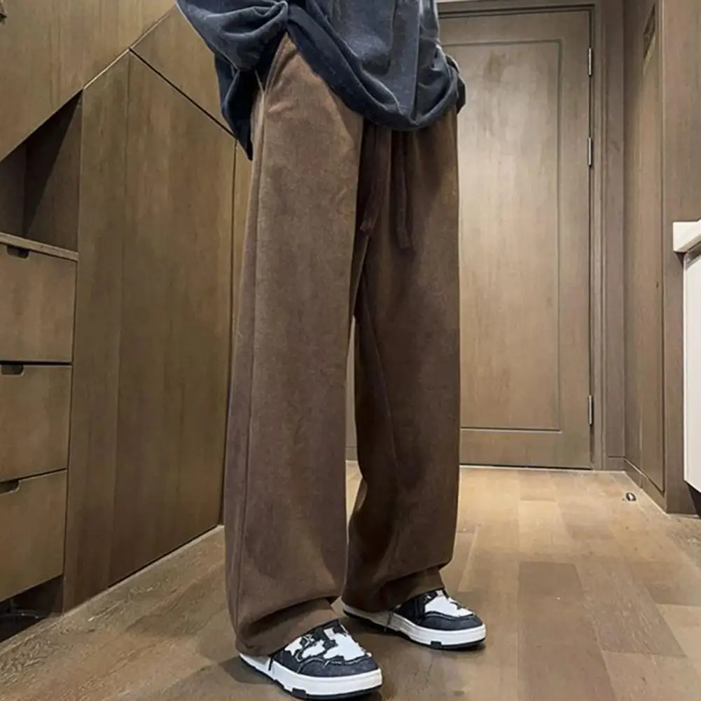 

Adjustable Waistline Pants Vintage-inspired Men's Winter Pants with Wide Legs Plush Lining Elastic Waist for Comfort Drawstring