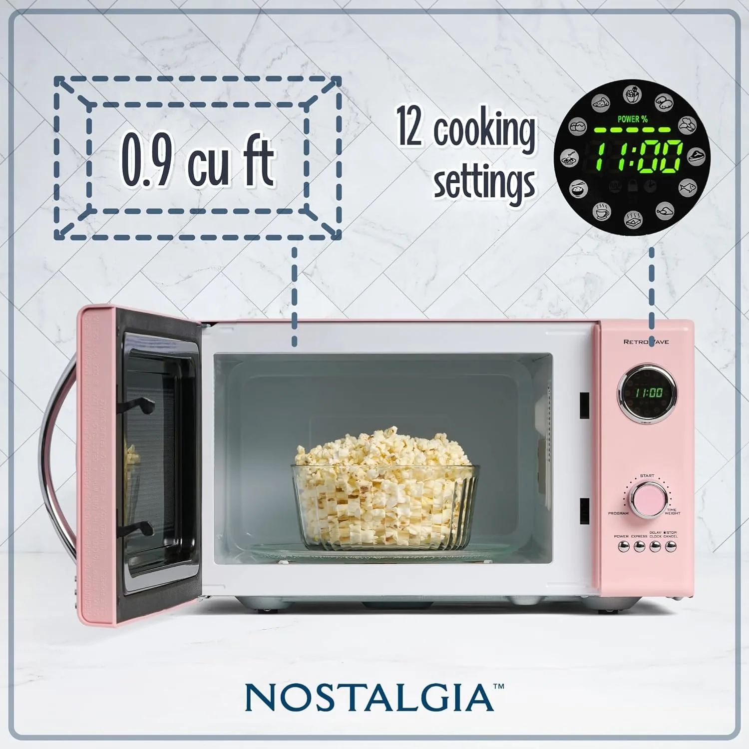 Retro Countertop Microwave Oven，Large 800W 0.9 cu ft - 12 Pre-Programmed Cooking Settings - Pink 2