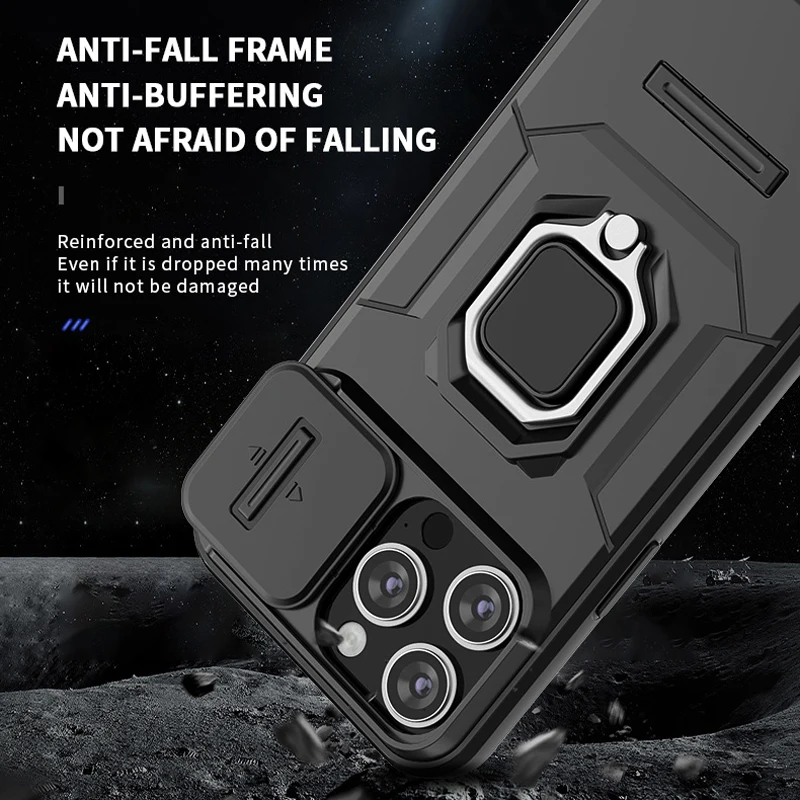 Bananq Slide Lens Camera Phone Case For iPhone 15 14 Plus 13 Pro Max Shockproof Magnetic Ring Stand Armor Back Cover_voghion.com