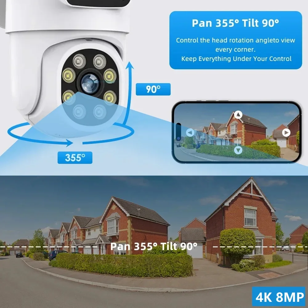 4K 8MP PTZ WIFI Camera Dual Lens Dual Screen 4X Digital Zoom IP Camera Auto Tracking Outdoor Home CCTV Surveillance Camhipro