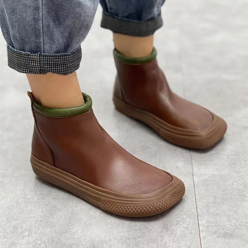 Leather women's boots Flat rain boots Ankle boots Cowhide women's shoes