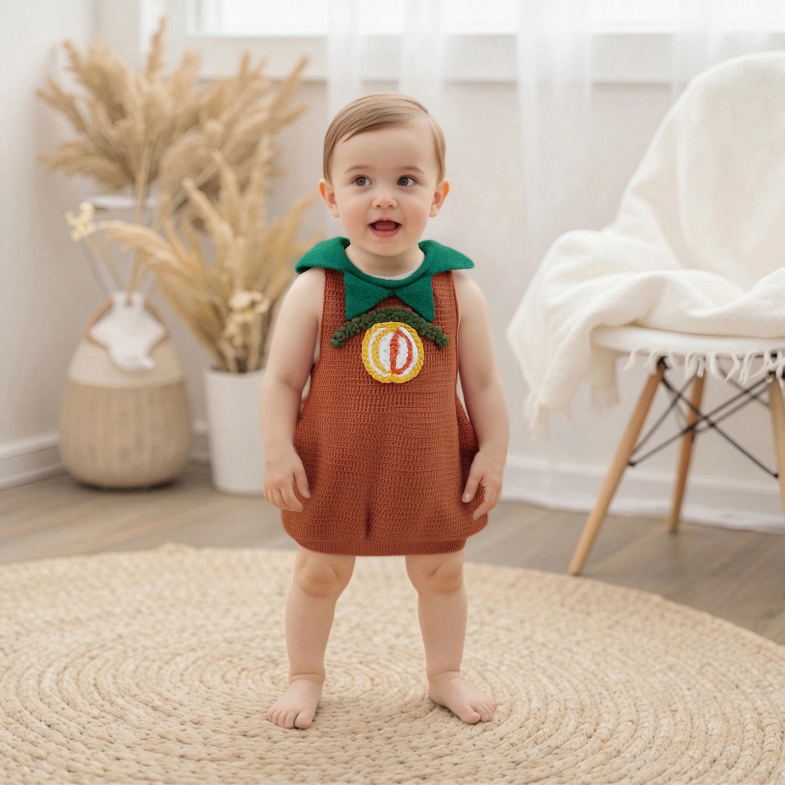  소년 소녀 할로윈 스웨터 호박 자수 크루넥 민소매 조끼 풀오버