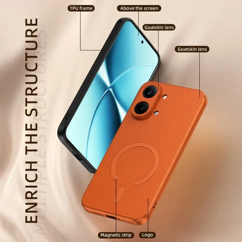 Luxury Goat Skin Leather Magnetic Ring Phone Case - Elegant Back Cover