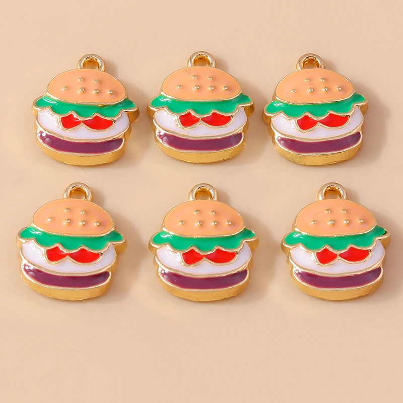 20 Stück 14x17mm Niedliche Lebensmittel-Anhänger Emaille-Hamburger-Charms für Schmuckherstellung Ohrringe Halsketten Armbänder DIY Basteln Geschenk