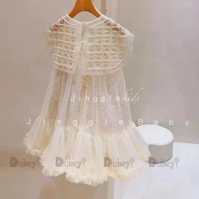 우아한 진주 케이프 유아 소녀 여름 드레스 벨 바닥 공주 반짝이 어린이 파티 가운, 생일 의상 - AliExpress, حجم الصورة 800x800
