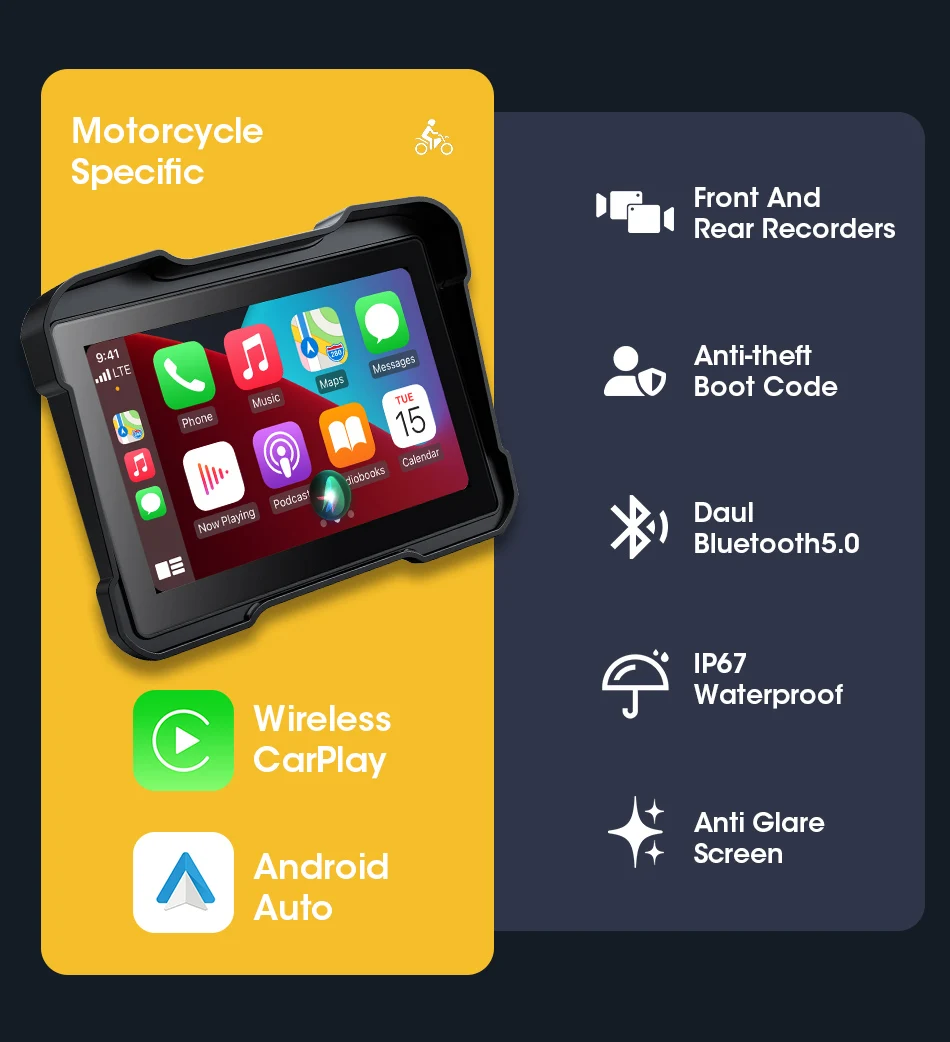 Srnubi 5-Zoll-tragbares digitales Motorrad-Armaturenbrett, kabelloser CarPlay-Bildschirm, Android Auto GPS für Moto-Navigation, unterstützt Dual BT – Detail 3