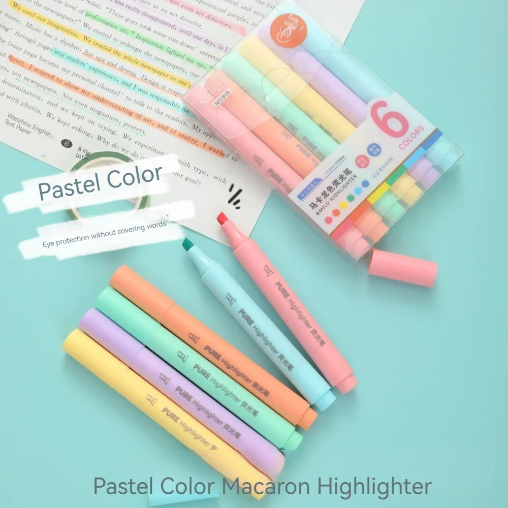 Pastel Color Macaron Highlighter Pen Marker Pens Fluorescent Pen Drawing Highlighters Cute Stationery School Supplies 6Pcs/set