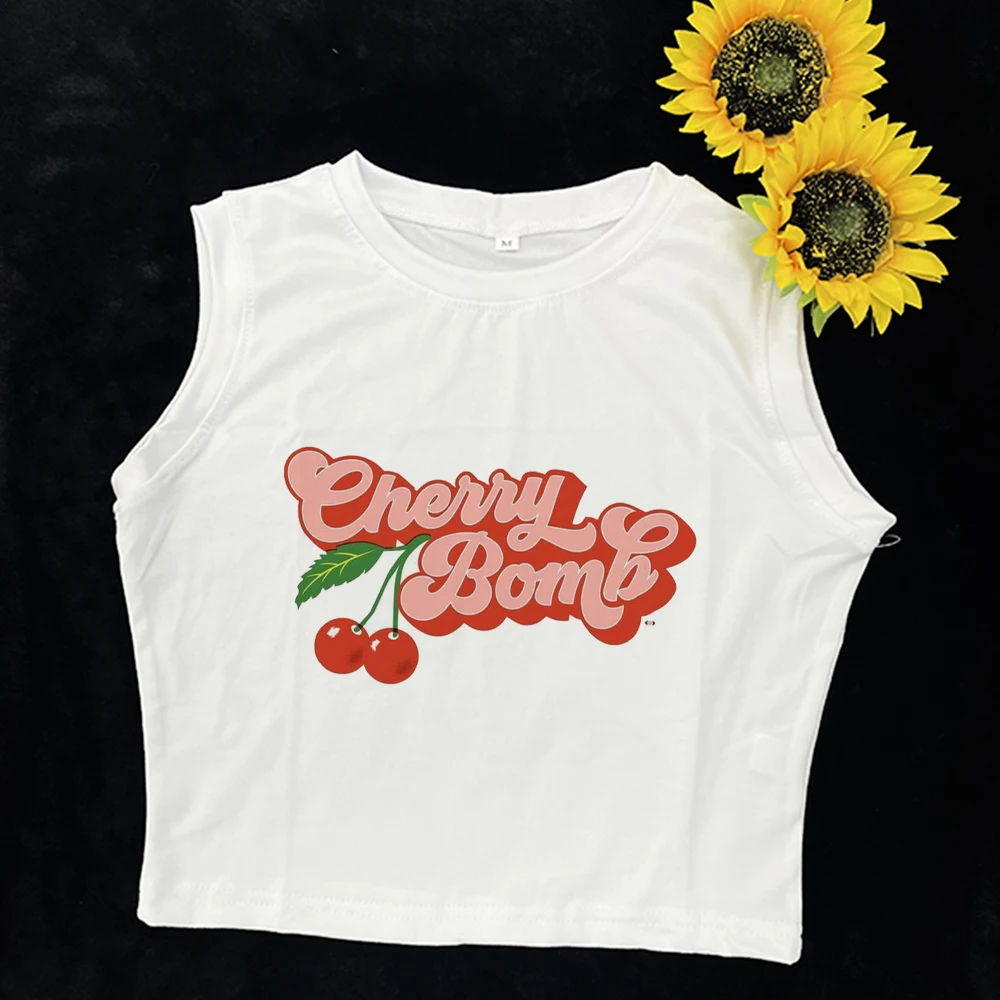 Short-sleeved T-shirt Women Summer cherry letter print short-sleeved top Spice Girls wearing crop short slim-fit street style