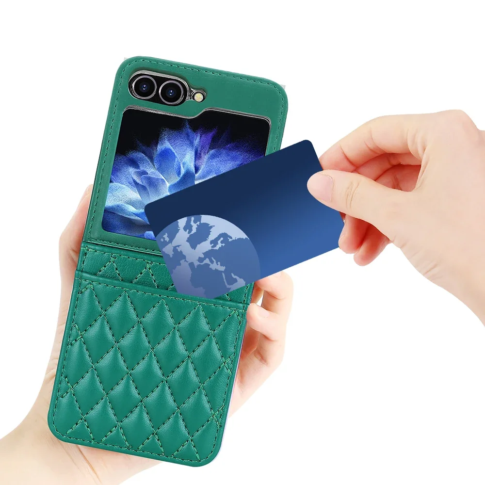 Luxuriöse vertikale Karten-Solt-Leder-Geldbörsenhülle für Samsung Galaxy Z Flip 6 5 4 3 5G Flip6 Flip5 Handschlaufe Diamant-Scharnierabdeckung_voghion.com