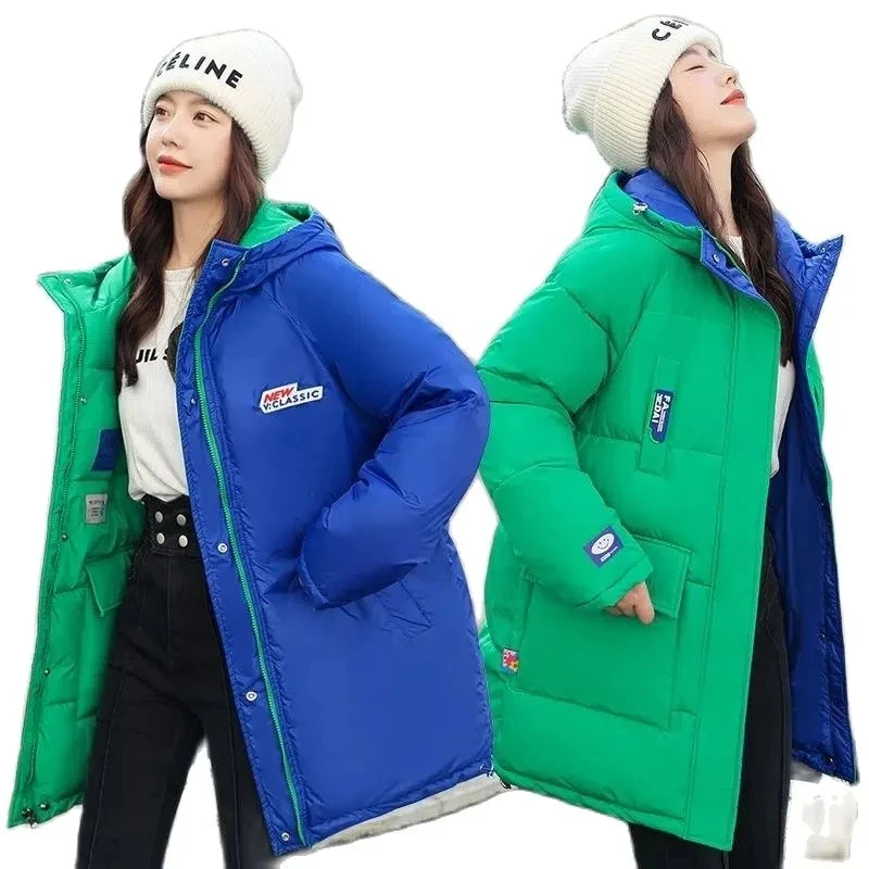 

Wear Both Sides Down Cotton Jacket 2023 Winter New Thick Warm Student Coat Fashion Padded Coat Warm Female Hooded Parka Snow Out