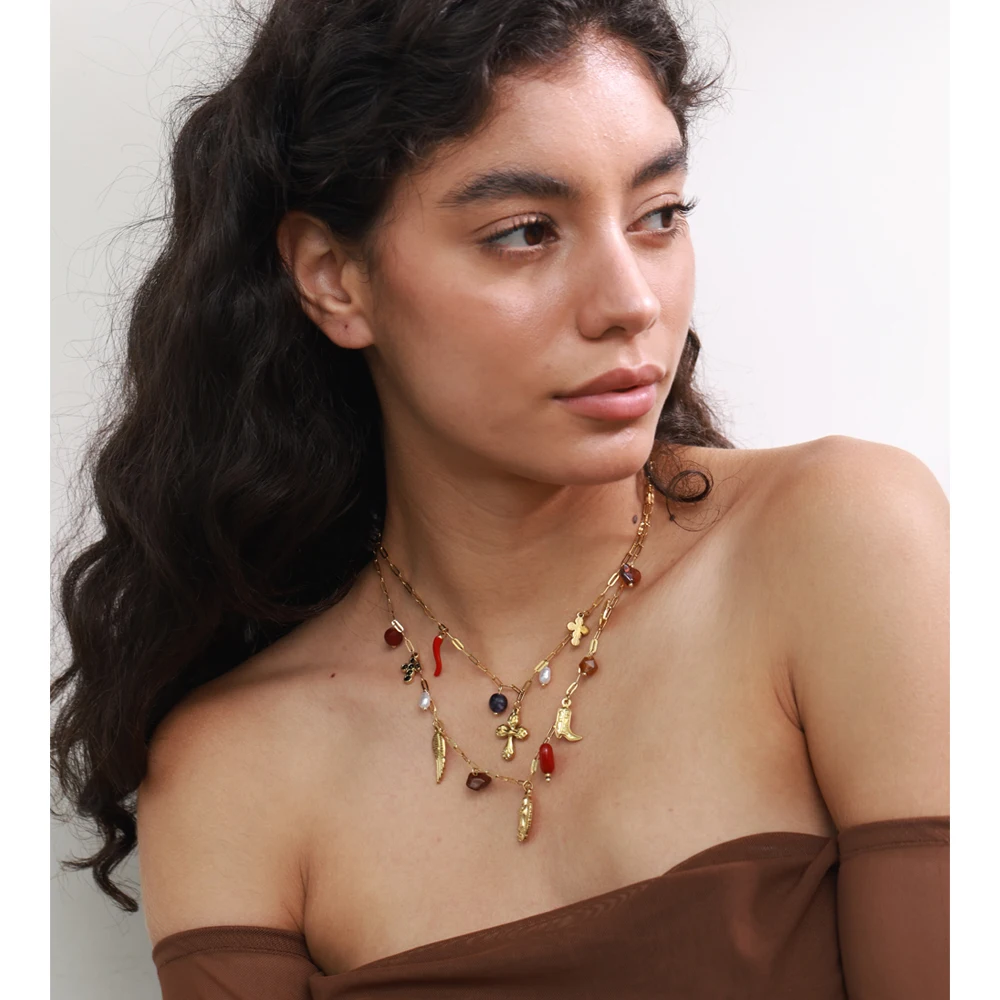 Yhpup Double-Layer Chain Heart Cross Necklace