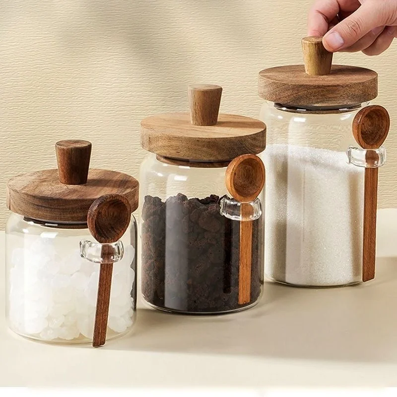Coffee Bean Storage Jar Glass Sealed Containers Grains Jar with Wood Spoon Clear Spice Jars Kitchen Moisture-proof Storage Tank 5