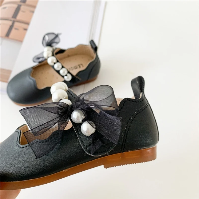 Autumn Girls Children Solid Leather Shoes Cute Pearl Mesh Lace Soft Sole Princess Shoes Newborn Kids Elegant Casual Dance baby shoes kids shoes