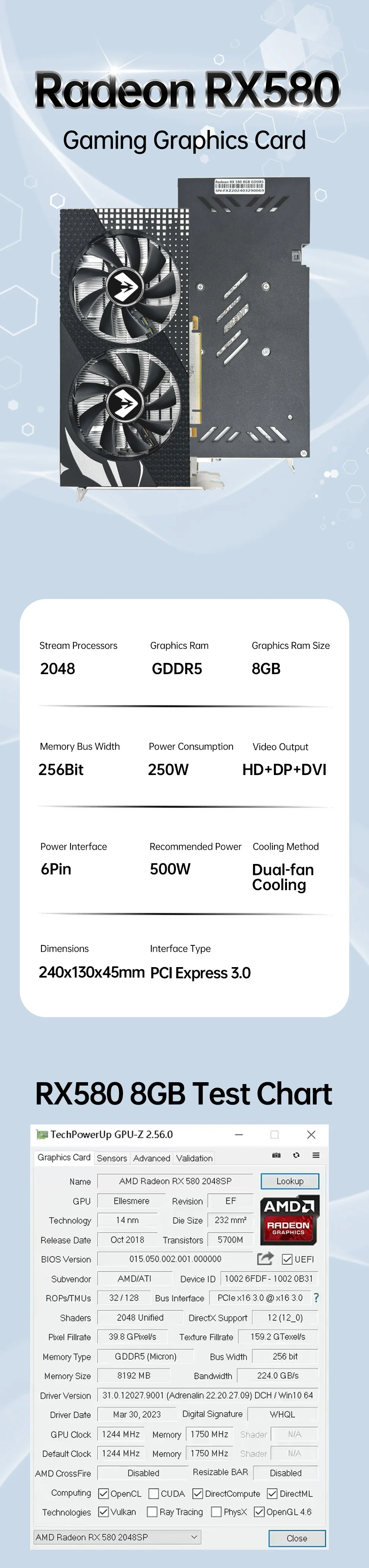 Description Picture 2 of itemSOYO new AMD Radeon RX580 8gb 2048sp gaming graphics card GPU GDDR5 256bit 14NM PCIe x16 3.0 HDMI-compatible desktop video card