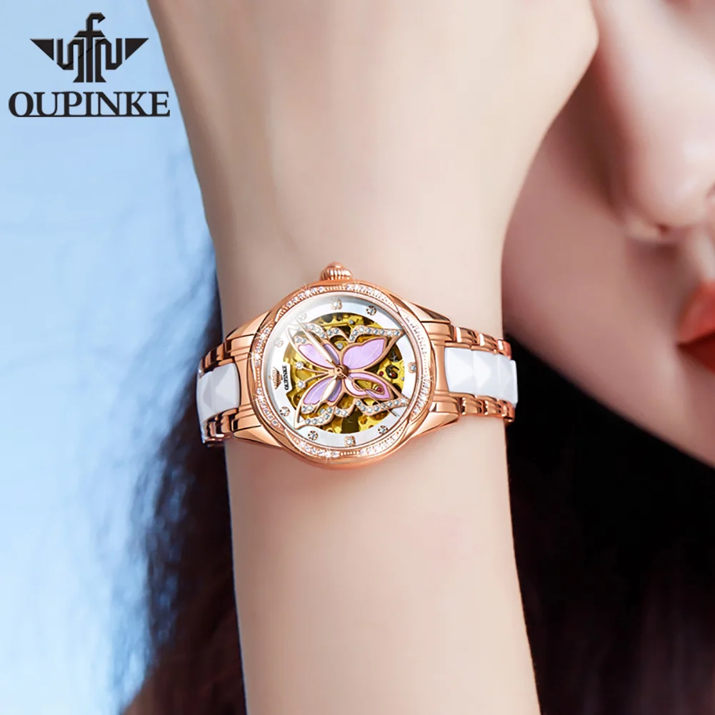 OUPINKE Automatic Mechanical Watches for Women Luxury Sapphire Crystal Mirror Elegant Ceramics Watchband Ladies Wristwatch 3239