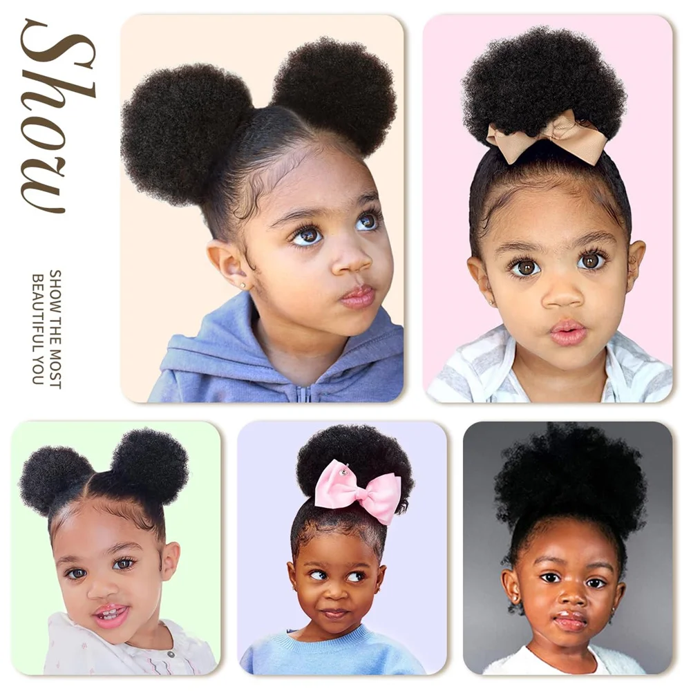 Afro Puffs Natural Black Afro Puff Hair Bun For Kids 100% Remy Human Hair Small Drawstring Ponytail For Little Girls Curly human hair extensions
