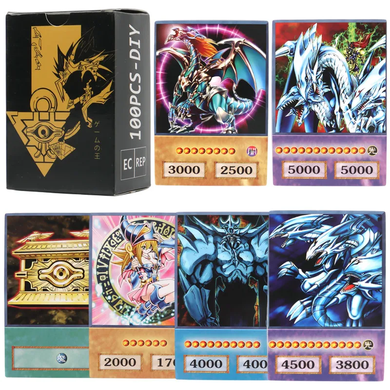 

100 шт. карточки в стиле аниме Yu-Gi-Oh, синие глаза, темный Магик, экзодия, обелиск, слизер, Ra Yugioh DM, классический прокси, «сделай сам», карточка, подарок для детей