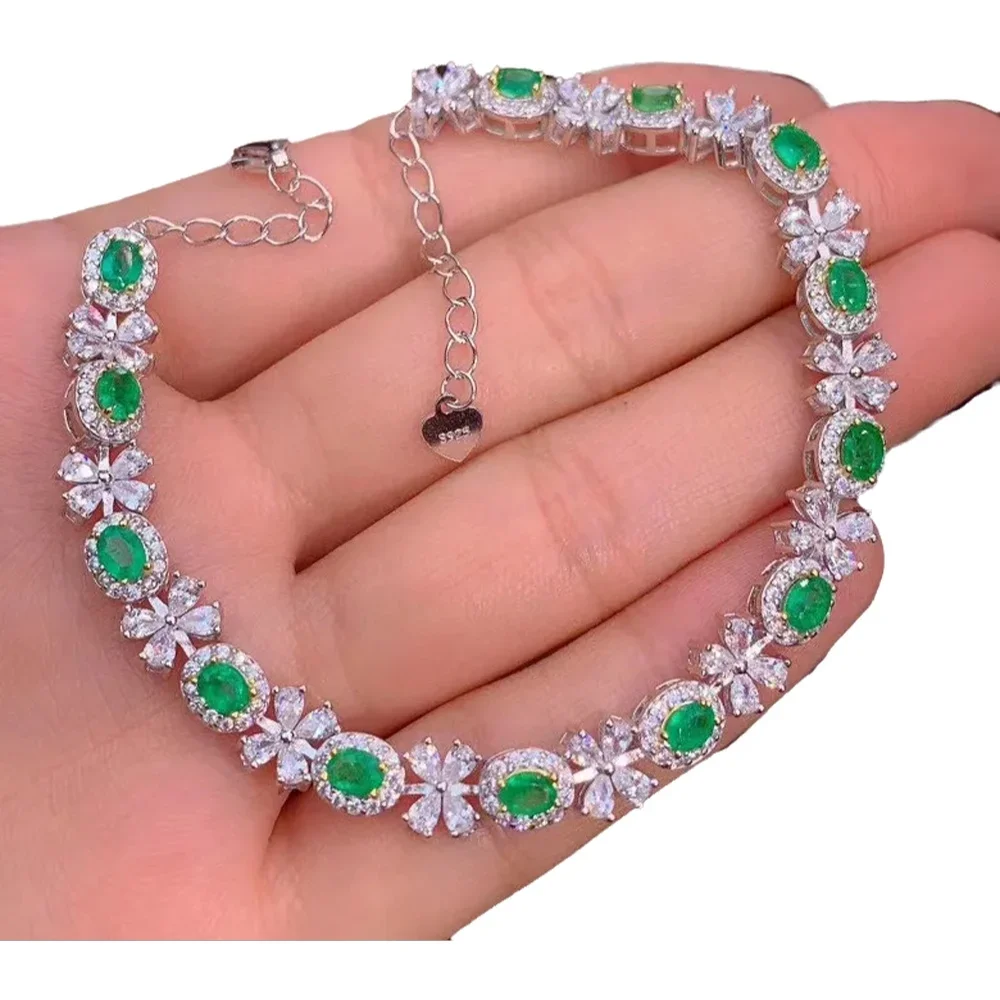 

KJJEAXCMY-925 Sterling Silver Inlaid Gemstone Bracelet for Women, Fine Jewelry, Emerald, New Hand Bracelet, Support Test, Hot Se