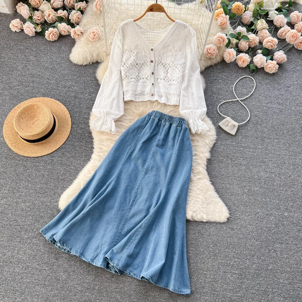 

Spring Literary Japanese Retro Style V-neck Crocheted Openwork Cardigan + Fishtail Denim Half-body Skirt Two-piece Set