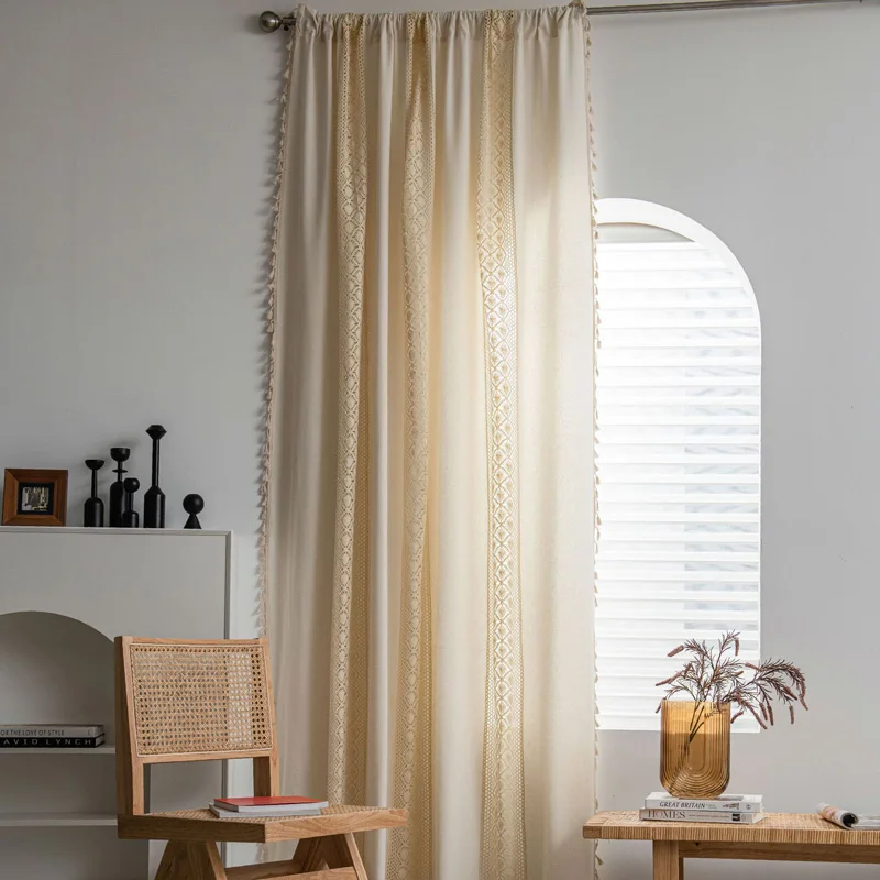 Description Picture 5 of itemBoho Semi-Blackout Crochet Curtains Dots Cotton Linen Tassels Cream Window Treatment Panels for Bedroom Living Room Decor TJ8475