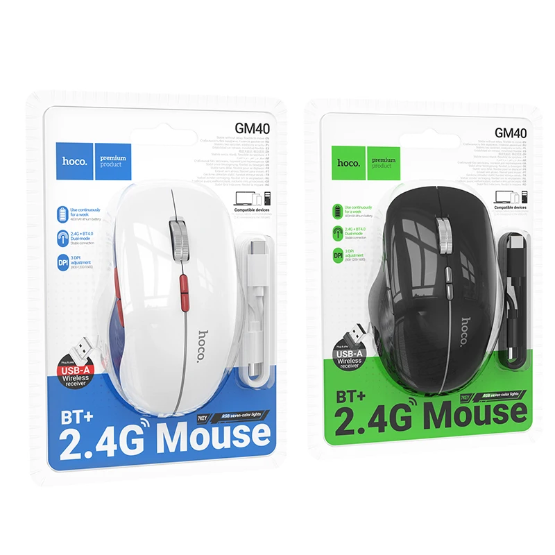 HOCO 충전식 2.4G 블루투스 듀얼 모드 무선 마우스 1600DPI 7 버튼 페이지 넘김 기능 포함 PC 노트북용 RGB 마우스