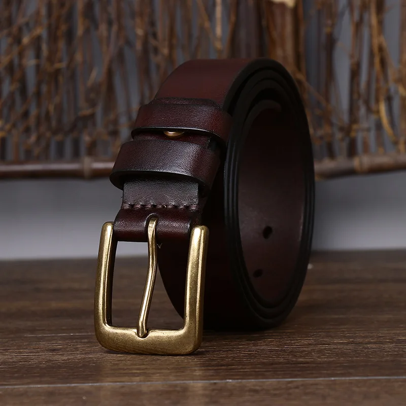 

3.3CM 2023 Men's Genuine Leather Belt Luxury Designer Brass Pin Buckle Belts Pure Cowskin Vintage Strap Male Jeans for Man Women