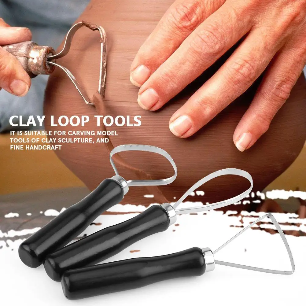 3 Pcs Wood Pottery Clay Sculpting Tools Set with Steel Flat Wire-Big Loop Carving Tools for DIY Home & School Projects