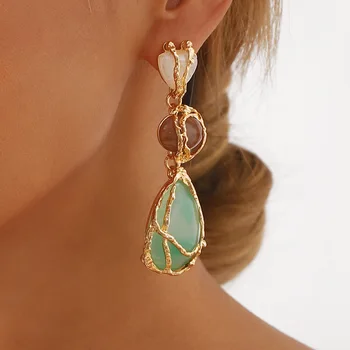 Women Fashion Handmade Weave Metal String Bag Green Natural Stone Dangle Earrings White Resin Waterdrop Earring Gothic Jewelry