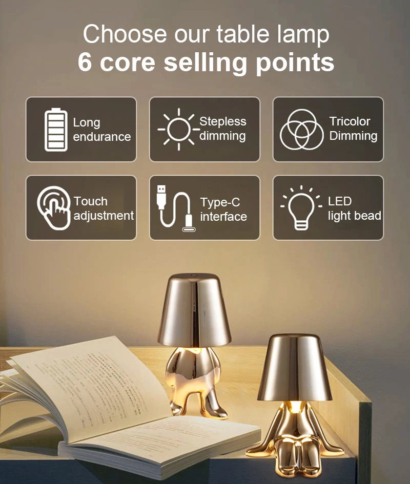 Italy Little Golden Man Night Light Thinkers Lamp Art Decor Lamp