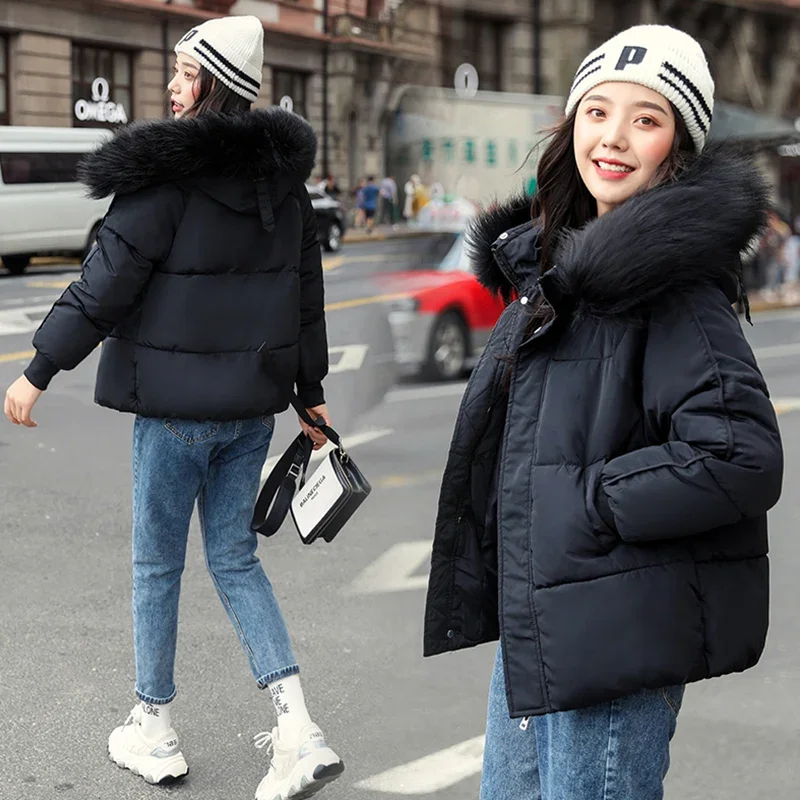 Women's Fashion Large Fur Collar Hooded Thick Cotton Down Thickened Jackets Winter Coats Solid Simple Parkas 2023 Female Outwear