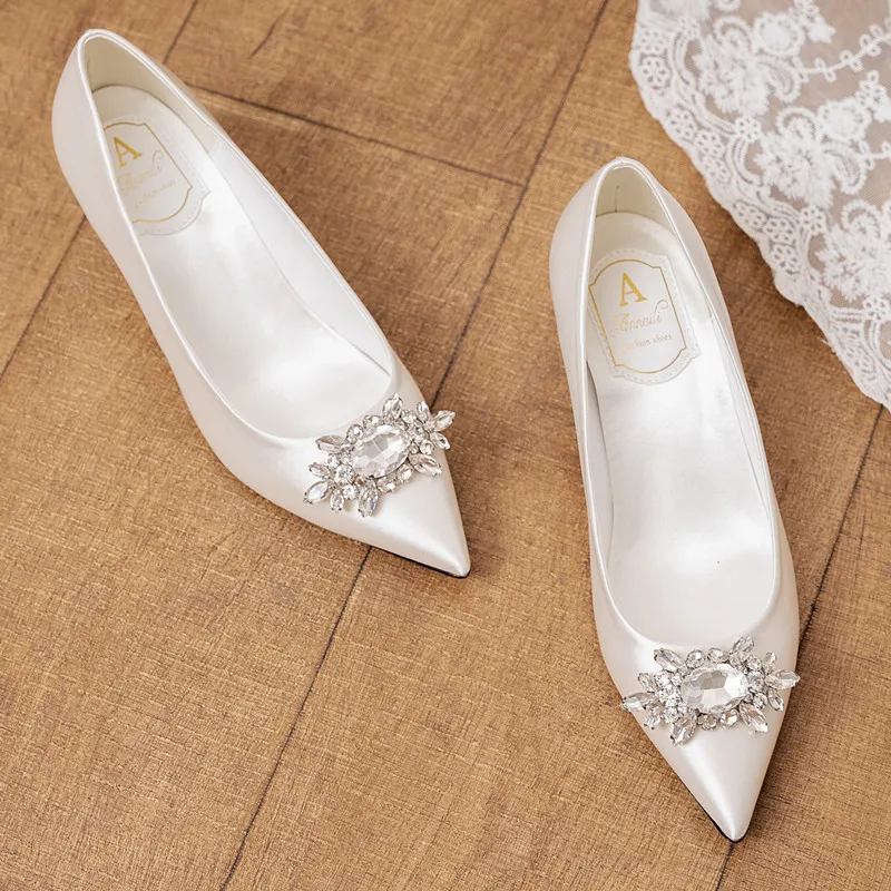 Medium Stiletto High Heels Women Crystal Flower Rhinestone Wedding Shoes Bride Dress Pumps White Satin small/large size 32-43